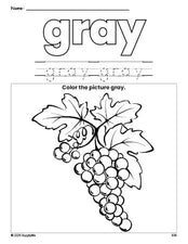 Free grapes color gray coloring page and color worksheet, gray worksheet for preschoolers to learn colors, printable PDF