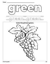 Free grapes color green coloring page and color worksheet, green worksheet for preschoolers to learn colors, printable PDF