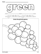 Free grapes color green coloring page and color worksheet, green worksheet for preschoolers to learn colors, printable PDF