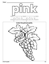 Free grapes color pink coloring page and color worksheet, pink worksheet for preschoolers to learn colors, printable PDF