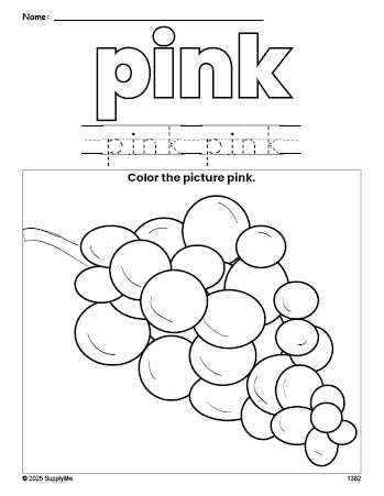 Free grapes color pink coloring page and color worksheet, pink worksheet for preschoolers to learn colors, printable PDF