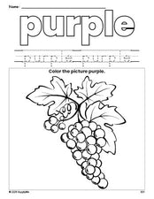 Free grapes color purple coloring page and color worksheet, purple worksheet for preschoolers to learn colors, printable PDF