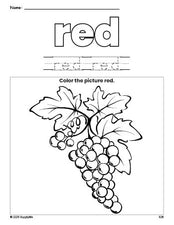 Free grapes color red coloring page and color worksheet, red worksheet for preschoolers to learn colors, printable PDF