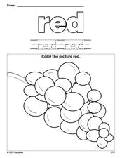 Free grapes color red coloring page and color worksheet, red worksheet for preschoolers to learn colors, printable PDF