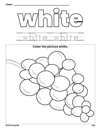 Free grapes color white coloring page and color worksheet, white worksheet for preschoolers to learn colors, printable PDF