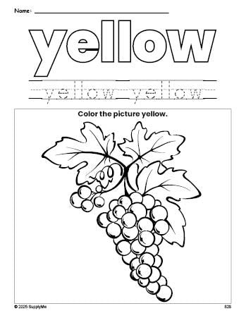 Free grapes color yellow coloring page and color worksheet, yellow worksheet for preschoolers to learn colors, printable PDF