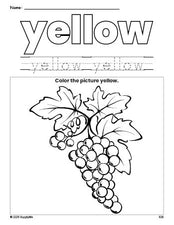 Free grapes color yellow coloring page and color worksheet, yellow worksheet for preschoolers to learn colors, printable PDF