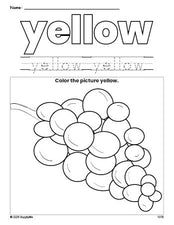 Free grapes color yellow coloring page and color worksheet, yellow worksheet for preschoolers to learn colors, printable PDF