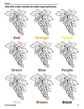 Free grapes coloring page and color worksheet for preschoolers to learn colors, printable PDF