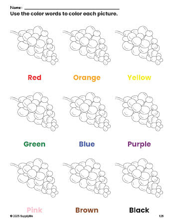 Free grapes coloring page and color worksheet for preschoolers to learn colors, printable PDF