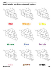 Free grapes coloring page and color worksheet for preschoolers to learn colors, printable PDF