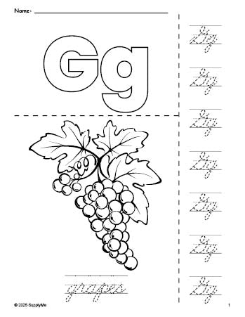 Free printable grapes coloring page and cursive letter tracing worksheet, letter g worksheet for preschool, pre-k, and kindergarten, PDF