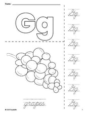 Free printable grapes coloring page and cursive letter tracing worksheet, letter g worksheet for preschool, pre-k, and kindergarten, PDF