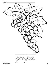 Free printable grapes coloring page and cursive word tracing worksheet, perfect for preschool, pre-k, and kindergarten, PDF