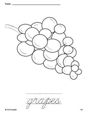 Free printable grapes coloring page and cursive word tracing worksheet, perfect for preschool, pre-k, and kindergarten, PDF