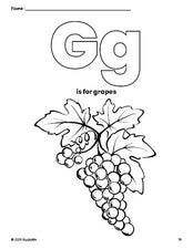 Free printable grapes coloring page, letter g coloring page for preschool, pre-k, and kindergarten, PDF