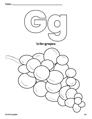 Free printable grapes coloring page, letter g coloring page for preschool, pre-k, and kindergarten, PDF