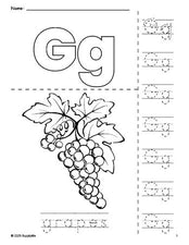 Free printable grapes coloring page and letter tracing worksheet, letter g worksheet for preschool, pre-k, and kindergarten, PDF