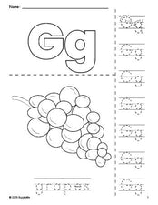 Free printable grapes coloring page and letter tracing worksheet, letter g worksheet for preschool, pre-k, and kindergarten, PDF