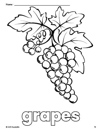 Free printable grapes coloring page for preschool, pre-k, and kindergarten, PDF