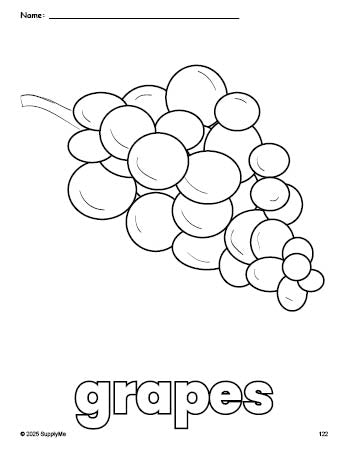 Free printable grapes coloring page for preschool, pre-k, and kindergarten, PDF