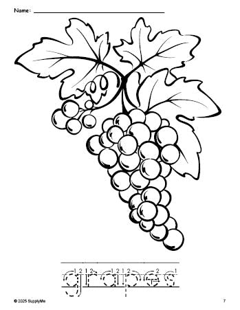 Free printable grapes coloring page and word tracing worksheet, letter formation guides, perfect for preschool, pre-k, and kindergarten, PDF