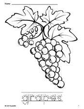 Free printable grapes coloring page and word tracing worksheet, letter formation guides, perfect for preschool, pre-k, and kindergarten, PDF