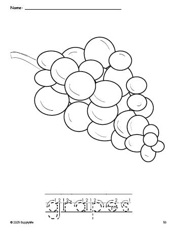 Free printable grapes coloring page and word tracing worksheet, letter formation guides, perfect for preschool, pre-k, and kindergarten, PDF