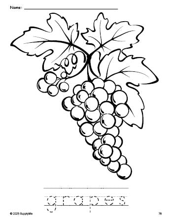 Free printable grapes coloring page and word tracing worksheet, perfect for preschool, pre-k, and kindergarten, PDF