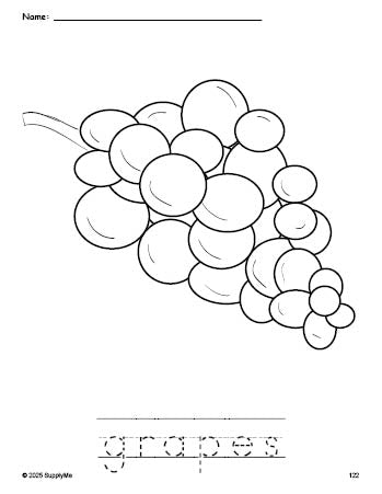 Free printable grapes coloring page and word tracing worksheet, perfect for preschool, pre-k, and kindergarten, PDF