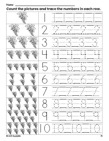 Free printable grapes counting worksheet for preschool and pre-k with number tracing practice 1-10, PDF