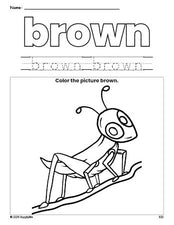 Free grasshopper color brown coloring page and color worksheet, brown worksheet for preschoolers to learn colors, printable PDF