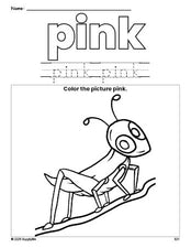 Free grasshopper color pink coloring page and color worksheet, pink worksheet for preschoolers to learn colors, printable PDF