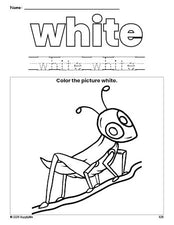 Free grasshopper color white coloring page and color worksheet, white worksheet for preschoolers to learn colors, printable PDF