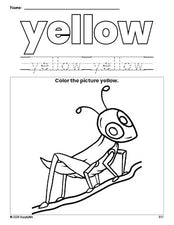 Free grasshopper color yellow coloring page and color worksheet, yellow worksheet for preschoolers to learn colors, printable PDF