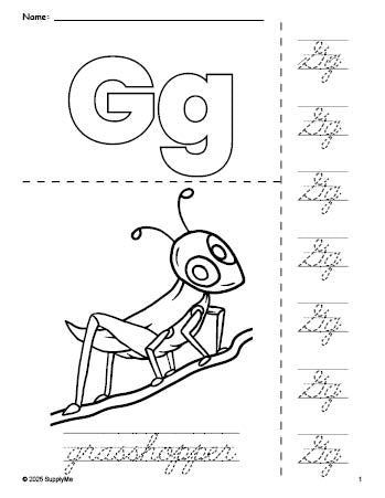 Free printable grasshopper coloring page and cursive letter tracing worksheet, letter g worksheet for preschool, pre-k, and kindergarten, PDF