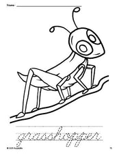 Free printable grasshopper coloring page and cursive word tracing worksheet, perfect for preschool, pre-k, and kindergarten, PDF