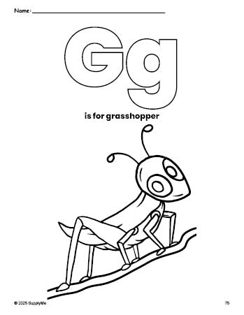 Free printable grasshopper coloring page, letter g coloring page for preschool, pre-k, and kindergarten, PDF