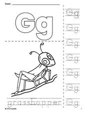 Free printable grasshopper coloring page and letter tracing worksheet, letter g worksheet for preschool, pre-k, and kindergarten, PDF