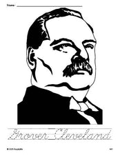 Free printable Grover Cleveland Presidents' Day coloring page and cursive word tracing worksheet, perfect for preschool, pre-k, and kindergarten, PDF