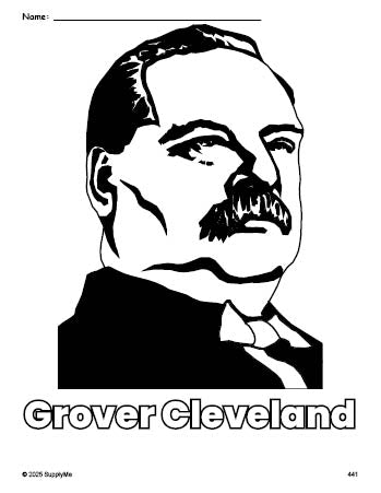 Free printable Grover Cleveland Presidents' Day coloring page for preschool, pre-k, and kindergarten, PDF