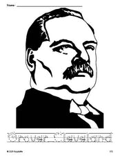 Free printable Grover Cleveland Presidents' Day coloring page and word tracing worksheet, letter formation guides, perfect for preschool, pre-k, and kindergarten, PDF