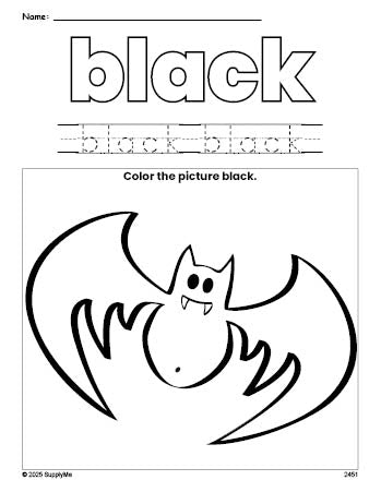 Free Halloween bat color black coloring page and color worksheet, black worksheet for preschoolers to learn colors, printable PDF