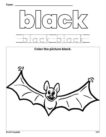 Free Halloween bat color black coloring page and color worksheet, black worksheet for preschoolers to learn colors, printable PDF