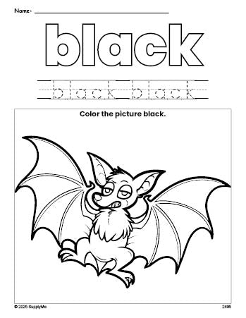 Free Halloween bat color black coloring page and color worksheet, black worksheet for preschoolers to learn colors, printable PDF