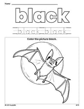 Free Halloween bat color black coloring page and color worksheet, black worksheet for preschoolers to learn colors, printable PDF