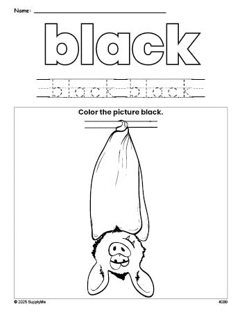 Free Halloween bat color black coloring page and color worksheet, black worksheet for preschoolers to learn colors, printable PDF