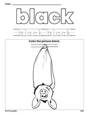 Free Halloween bat color black coloring page and color worksheet, black worksheet for preschoolers to learn colors, printable PDF