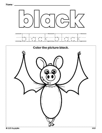 Free Halloween bat color black coloring page and color worksheet, black worksheet for preschoolers to learn colors, printable PDF