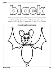 Free Halloween bat color black coloring page and color worksheet, black worksheet for preschoolers to learn colors, printable PDF